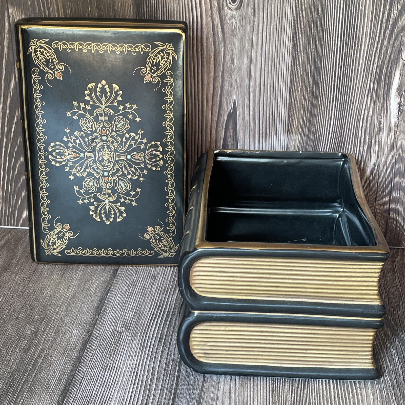 Decorative Book Shaped Ceramic Storage Trinket Box Black & Gold 7685