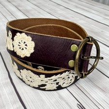 Vtg Y2K Lucky Brand Leather Belt Embroidery Brass Buckle Sz Medium Boho 90s