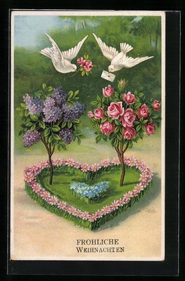 Lithographie Blumenbild Tauben mit Fliederbaum und Rosenstrauch 