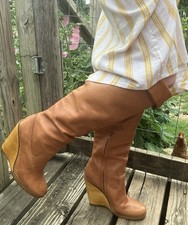 Vintage Lauren Ralph Lauren Knee High Fold Top Wedge Leather Boots Women 9.5 B