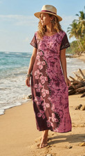 Vintage Boho Batik Maxi Dress Pink & Brown Tie-Dye Embroidered Leaf Dress L