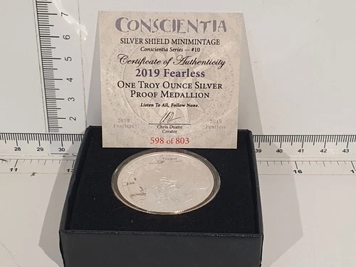 (L1033) 1oz .999 Proof Silver Shield - Conscientia #10 - 2019 Fearless