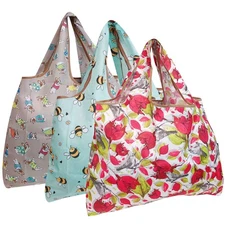 Large Foldable Tote Nylon Reusable Grocery Bag 3 Pack Playful Animals