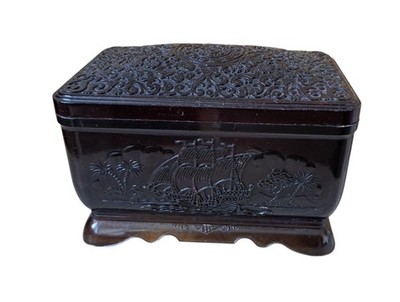 Vintage Art Deco Bakelite / Catalin Jewelry Box   Tortoise Swirl   Sailing Ship