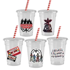 Stranger 80's Things Party Cups Set of 12 with Lids & Paper Straws - Decor