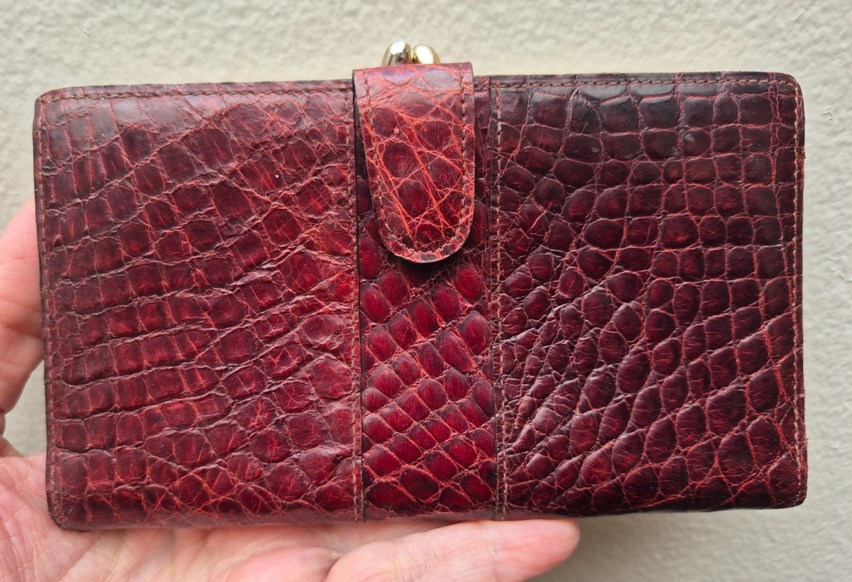 Vtg Italy GENUINE CROCODILE Skin Wallet Red Kisslock Floating