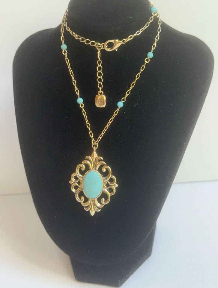 "COLLAR COLGANTE RALPH LAUREN TONO DORADO FILIGRANA TURQUESA CUENTAS 2"" NIGIRI" Foto 4 de 4