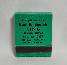 Vintage Bud & Beulah King's Bar-B-Q Restaurant Matchbook Liberal KS Advertising