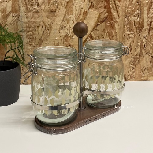 IKEA Holder walnut/stainless steel with 2 jars with lid, patterned/light beige - Picture 3 of 6