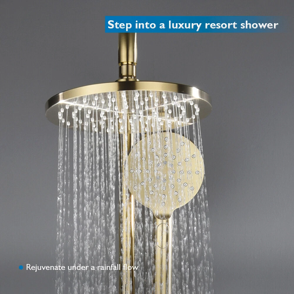 Decaura 9" Rain Shower Head Set Brushed Gold Gooseneck Arm 3-Mode Hand Held