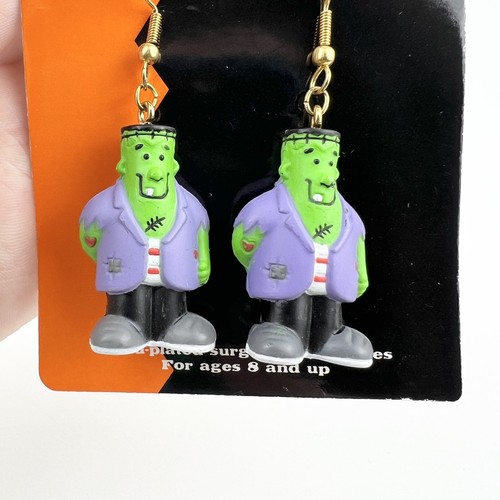Vintage Gibson Halloween Earrings Frankenstein Dangle Gold-Plated Surgical Steel - Picture 2 of 4