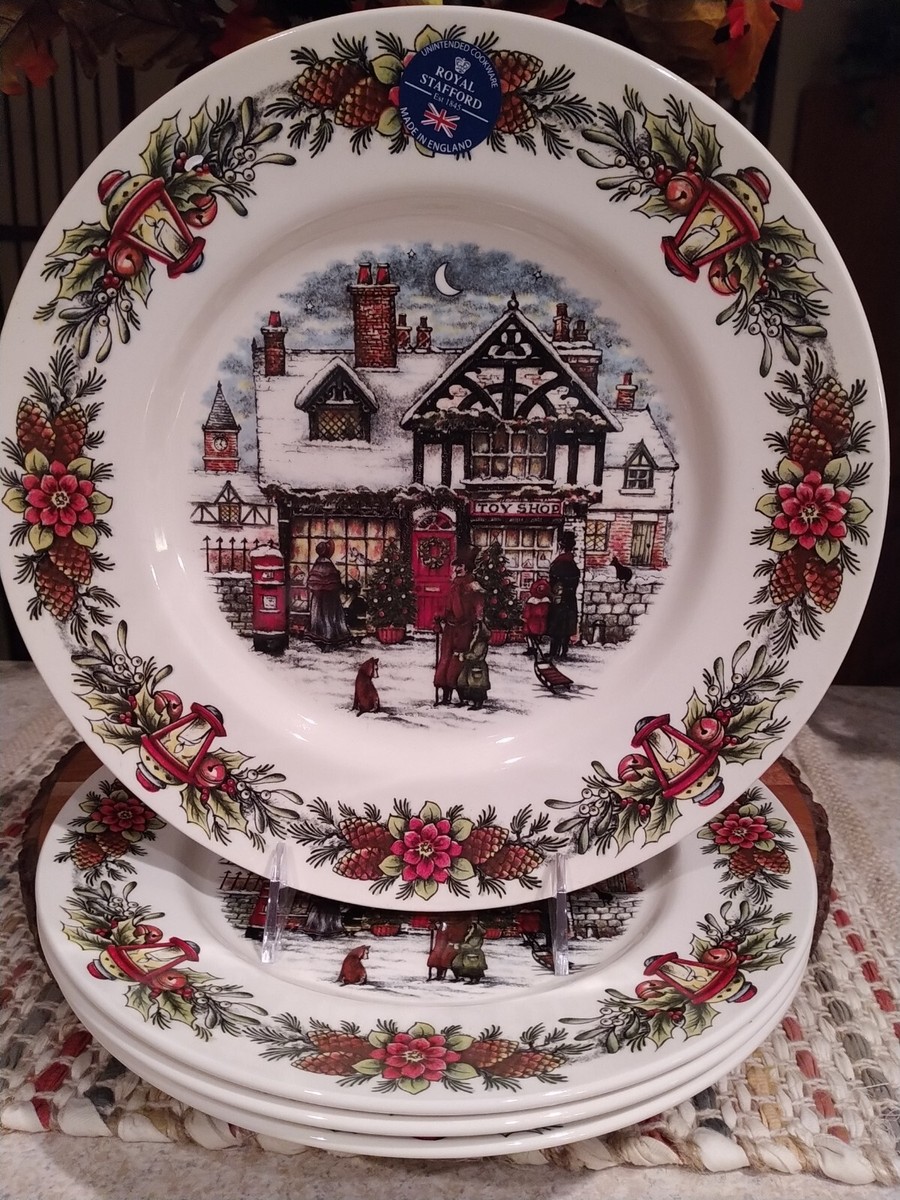 ROYAL STAFFORD CHRISTMAS TOY SHOP VILLAGE DINNER PLATES SET OF 4