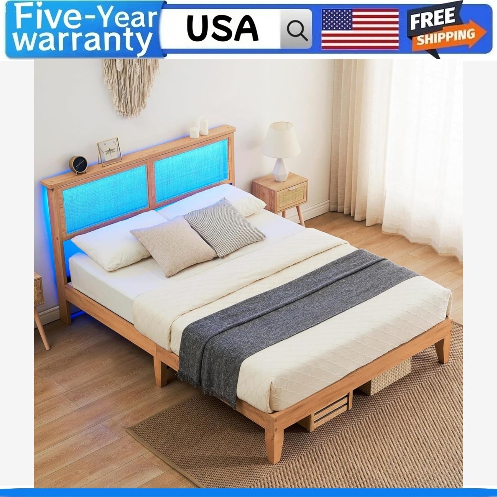 💹Queen Size Bed Frame W/Rattan Headboard and LED Lights Rattan Bed Frame Wooden