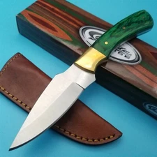Rite Edge Fixed Blade Knife Green Pakkawood Handle Drop Point Leather Sheath 8" 