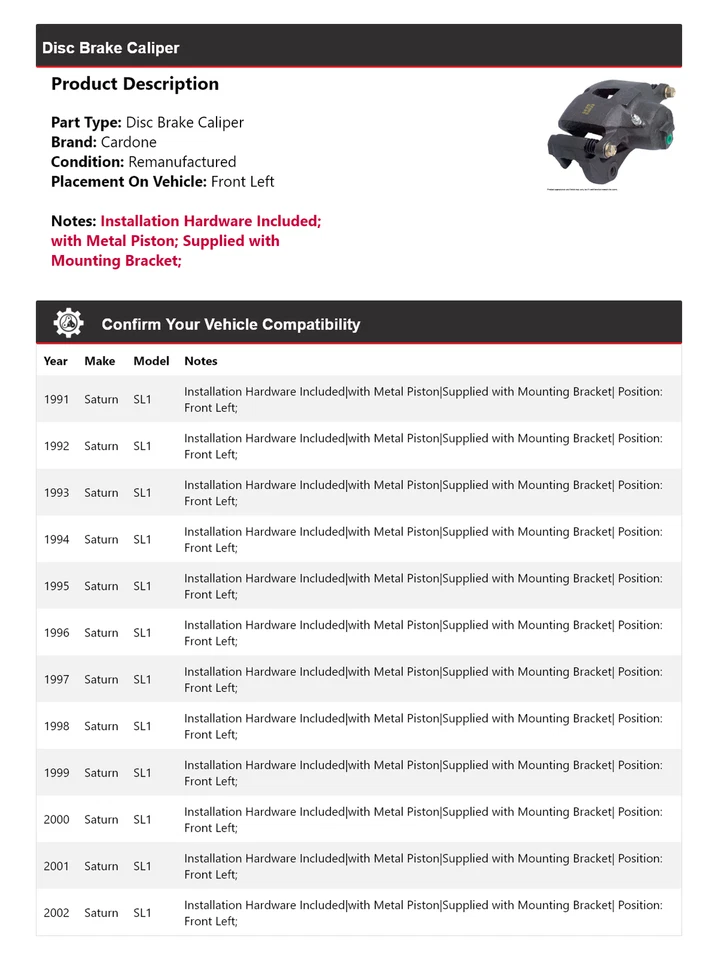 Pinza de freno de disco delantera izquierda cardone 1992 1993 1994 Saturn SL1 1991-2002 Foto 2 de 4