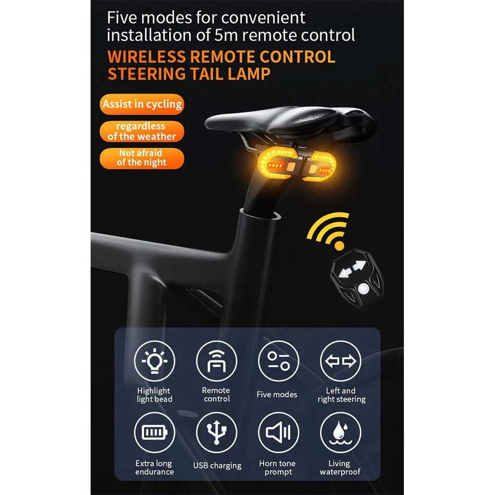 Bike Remote Controlled Bicycle Turn Signal Warning Light Rechargeable Waterproof