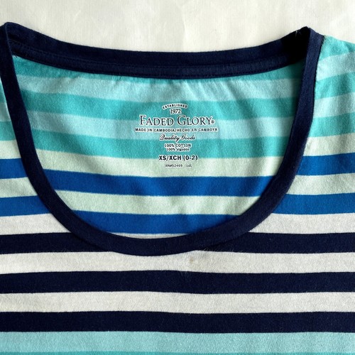 Faded Glory T-shirt Top Size XS (0-2) Women Stripe White Black Blue Green Cotton - Picture 9 of 13