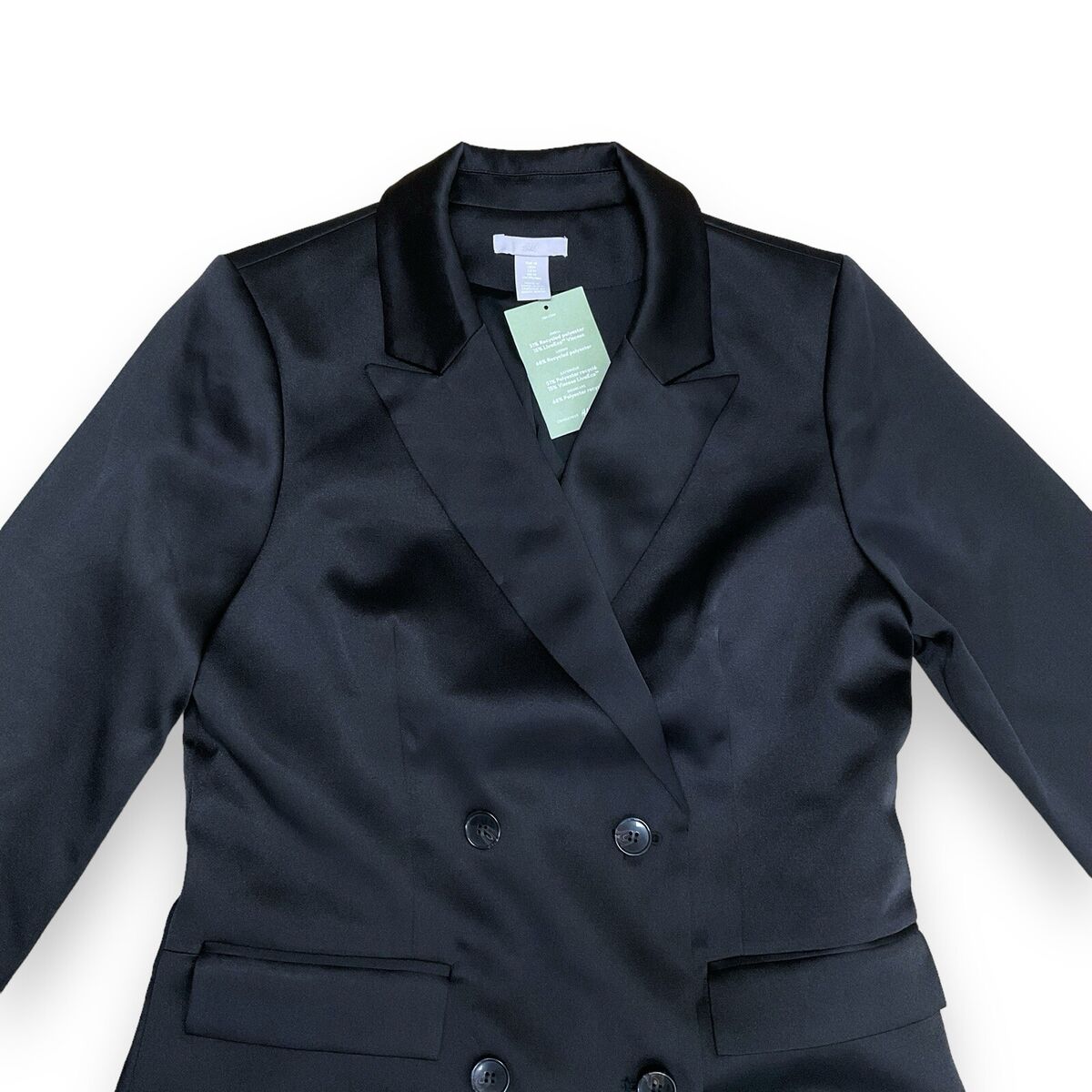 H&M Blazer Women Medium Black Longline Satin Silky Double H&M Blazer Women Medium Black Longline Satin Silky Double
