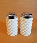Vintage Fenton Hobnail Salt And Pepper Shakers White Milk Glass Stainless Lids