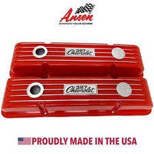 Small Block Chevy 327 Chevrolet Logo Classic Finned Red Valve Covers - Ansen Usa