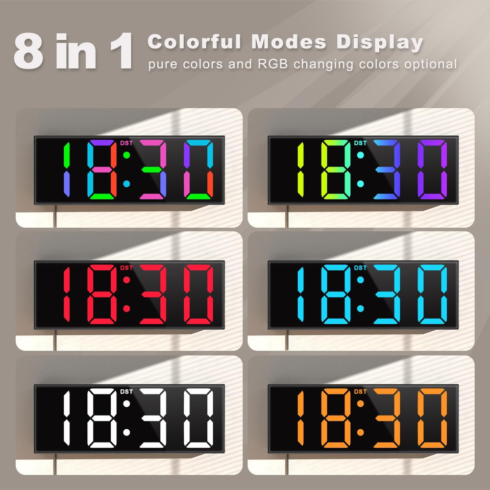 12'' Large Digital Wall Clock, Big LED Number Dispaly, RGB Colors, DST ...