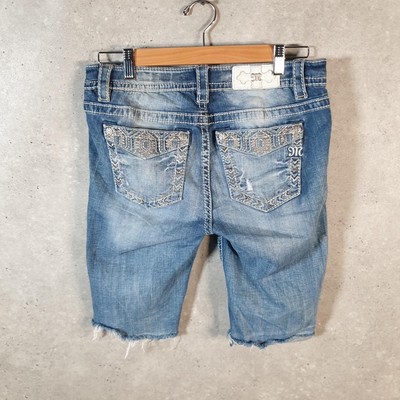 Vintage Miss Me Baggy Y2K Hip Hop Jeans Shorts Jorts Womens W30 Blue Denim Low