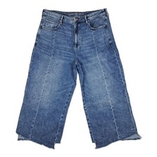 American Eagle Wide Leg Cropped Jeans Blue 16 High Rise Streetwear Frayed Hem