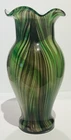 Vintage Murano Style Hand Blown Art Glass Vase Ruffled Green/Brown Swirl