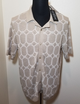 For The Republic Mens M Beige Crochet Short Sleeve Button-Up Shirt Retro Hip NWT