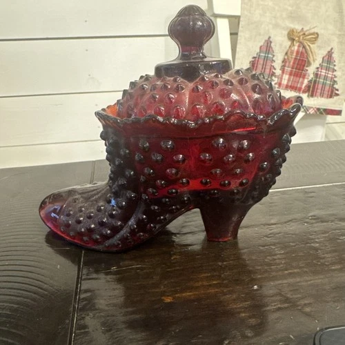 Fenton Ruby Amberina UV Reactive Glass Hobnail Boot 1970’s Candy Dish With Lid