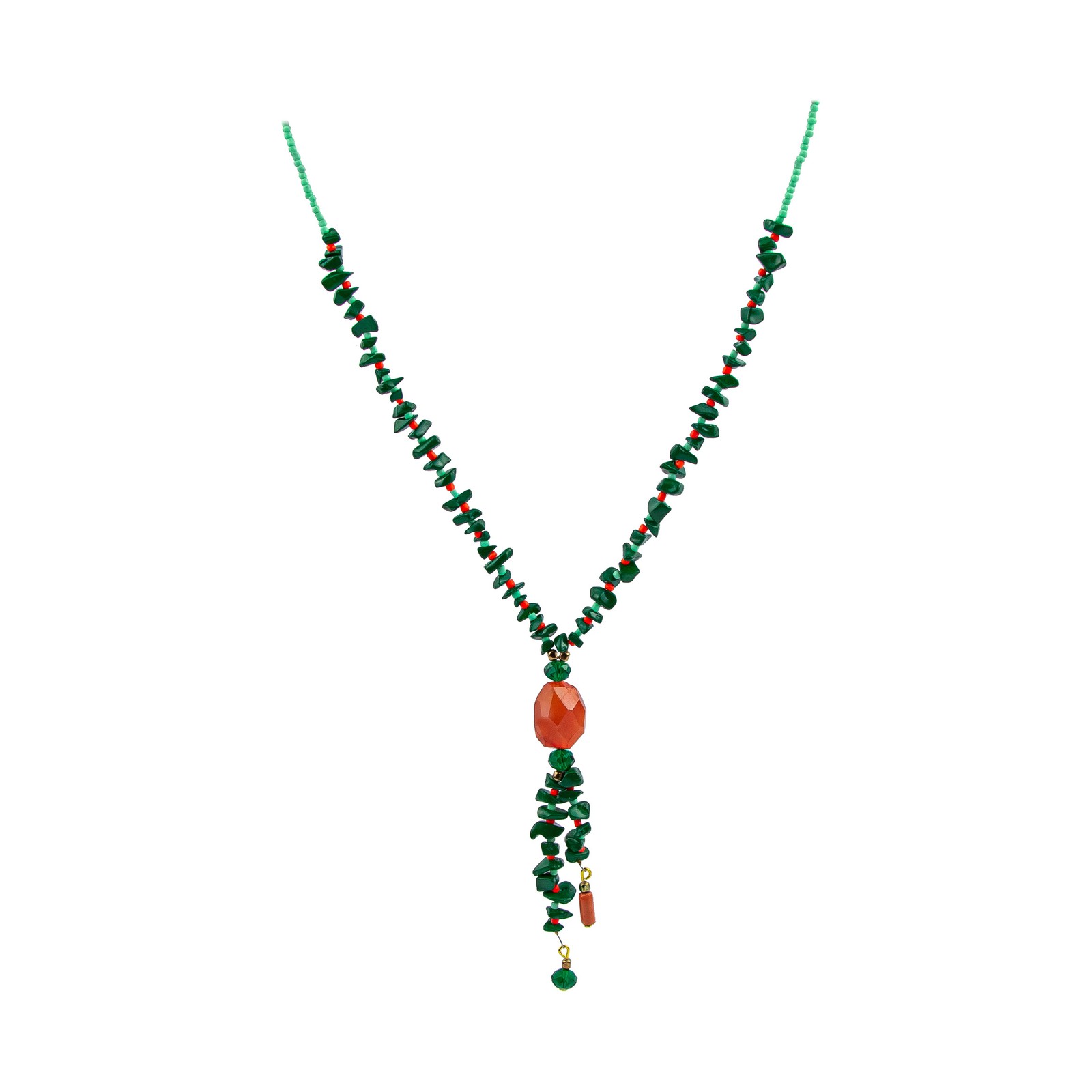 Ожерелье-кисточка для неглиже расшитое бисером из зеленого агата и коралловых кристаллов 3190₽