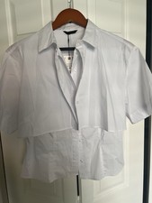 Zara Women s M White Solid Collared Short Sle...