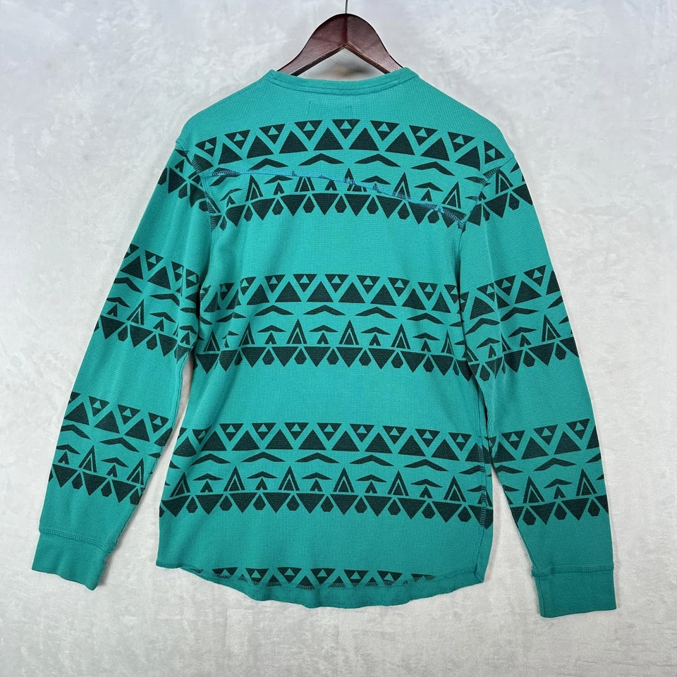 Volcom Thermal Shirt Mens Medium Teal Tribal Stripe Long Sleeve Waffle Knit Y2K - Image 3 of 4