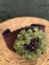 Handmade Leather Bracelet Green Stone Floral Design Boho Adjustable