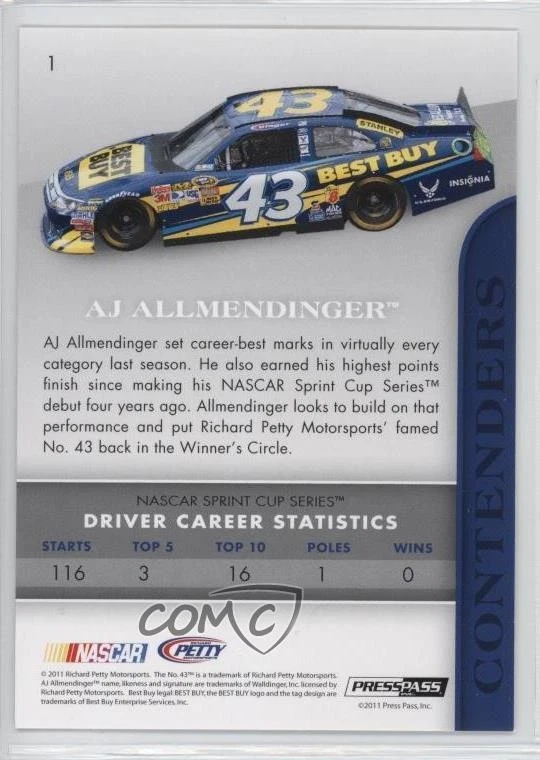 2011 Press Pass Premium AJ Allmendinger #1 - Image 2 of 2