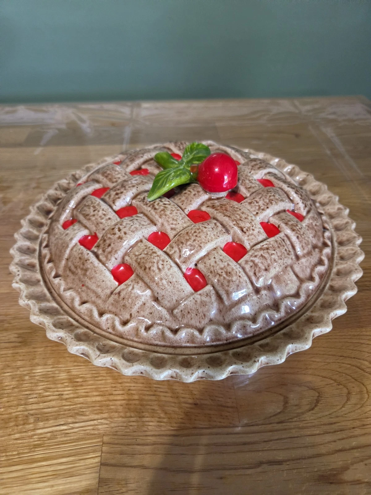 Vintage Ceramic Cherry Pie Keeper Server - Dish & Lid w/ Cherry Lattice Design