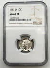 1937-D Mercury Dime 10C NGC MS65 FB Full Bands Silver US Coin Winged Liberty BM1