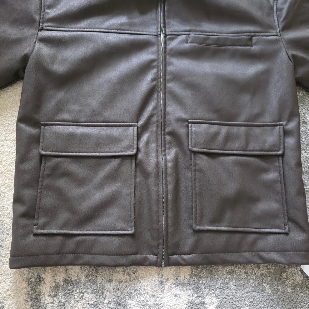 Topman Mens Dark Brown Faux Vegan Leather Trucker Jacket Size S Quilted Lined - product detail image 10