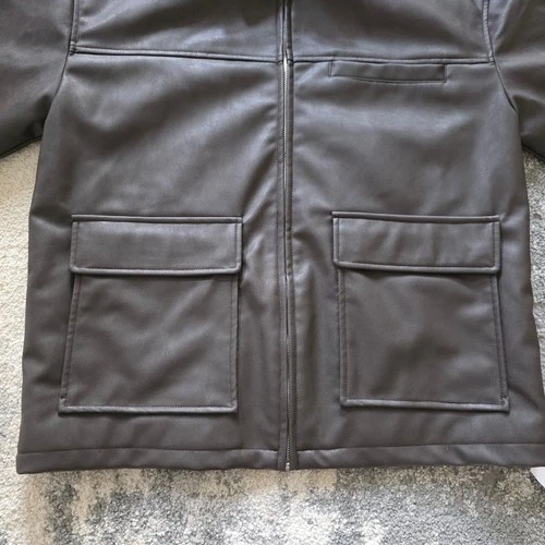 Topman Mens Dark Brown Faux Vegan Leather Trucker Jacket Size S Quilted Lined image 10