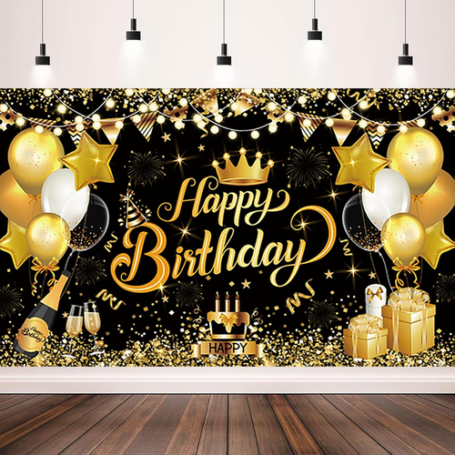 6X4Ft Happy Birthday Backdrop Banner for Men - Glitter Black Gold Birthday Backg