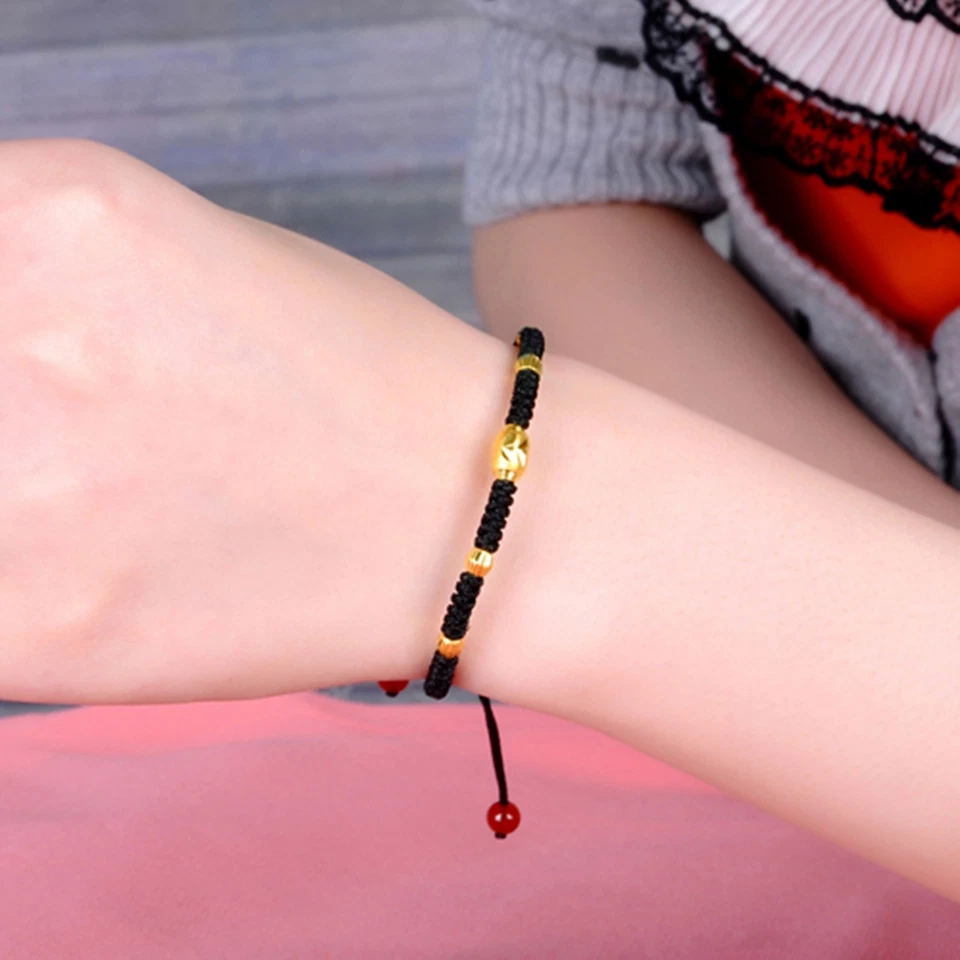 1PC Pure 999 24k Yellow Gold Beads Men Women Black Cord Knitted Braided Bracelet - Image 4 of 4