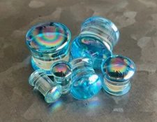 PAIR Light Blue Pearl Design Pyrex Glass Double Flare Plugs Gauges Body Jewelry 