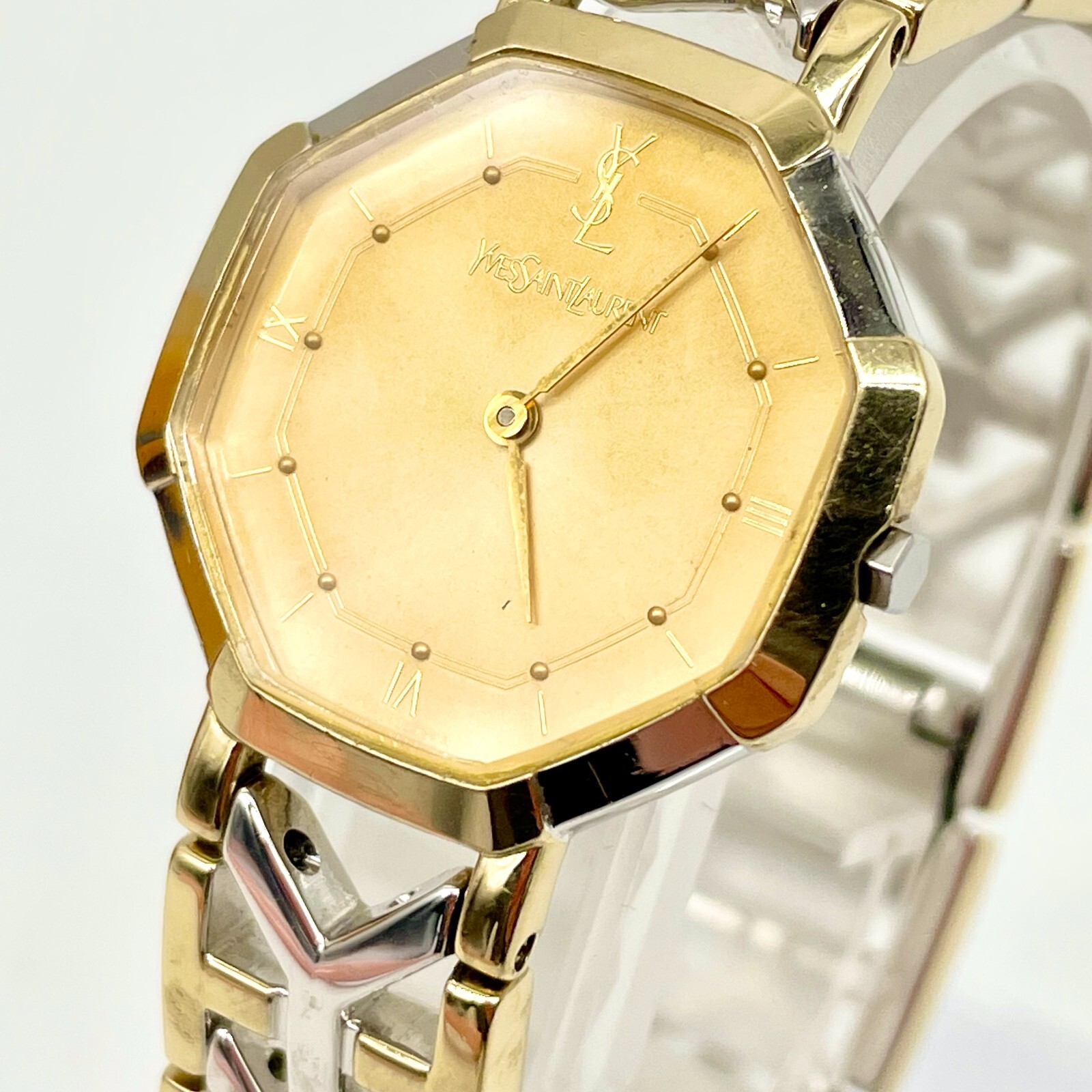 Orologio Yves Saint Laurent Quarzo Oro Argento Quadrante Bianco Donna YSL Vintage Autentico