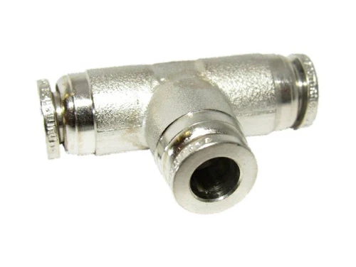 3/8" Hose X 3/8' Hose Push To Connect Union Tee Fitting, Nickel Plated Brass
