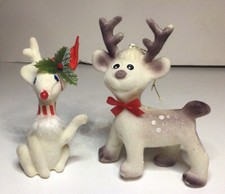 Flocked White Reindeer Ornaments Vtg Set Of 2