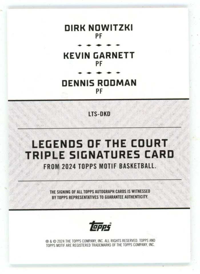 Dirk Nowitzki/Kevin Garnett/Dennis Rodman 2024 Topps Motif Triple Auto 06/10 Sig - Image 2 of 2