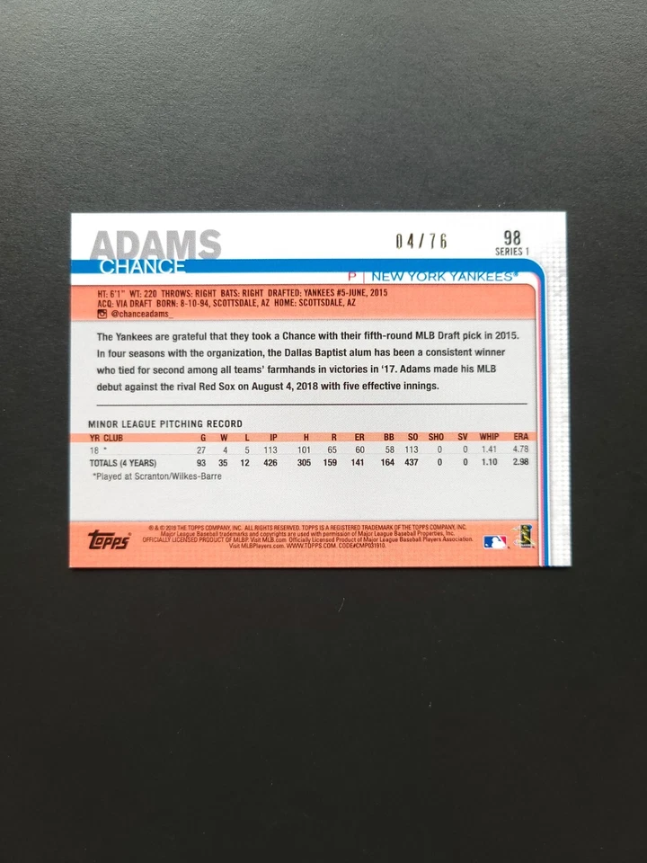 2019 Topps Independence /75 Chance Adams #98 Rookie RC - Image 3 of 4