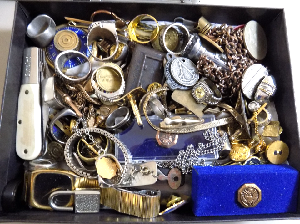 HUGE MENS JUNK DRAWER LOT JEWELRY-WATCHES-KNIVES-MILITARY PINS VINTAGE ...