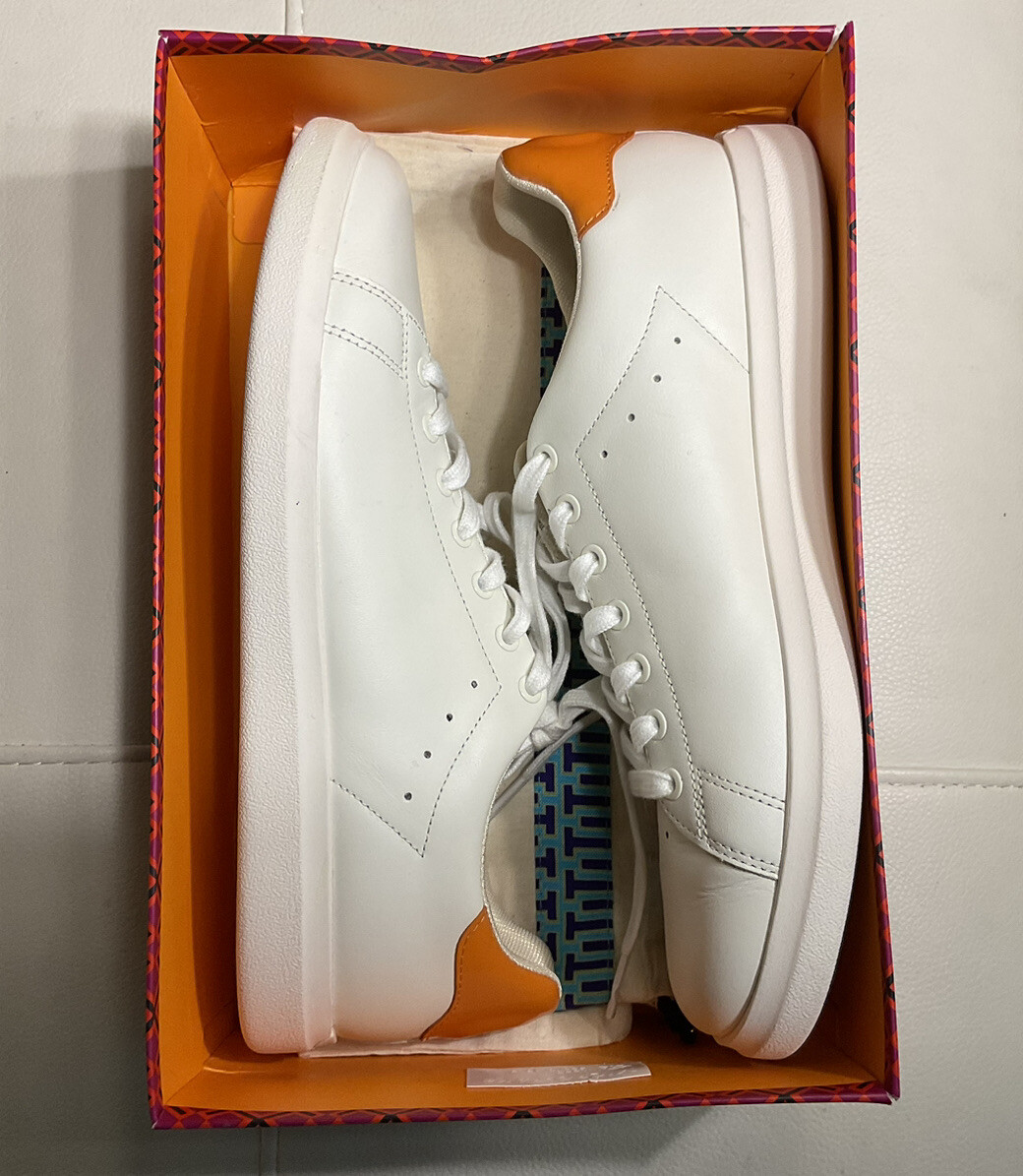 Tory Burch Howell Court Leather Sneakers, White/Orange Leather Sz
