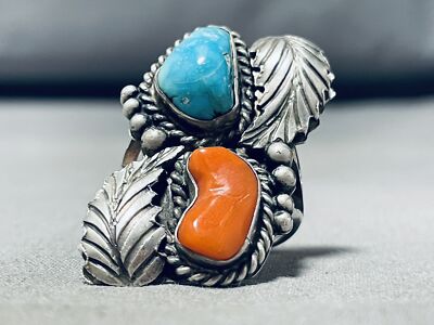 TOWERING VINTAGE NAVAJO TURQUOISE CORAL STERLING SILVER LEAF RING